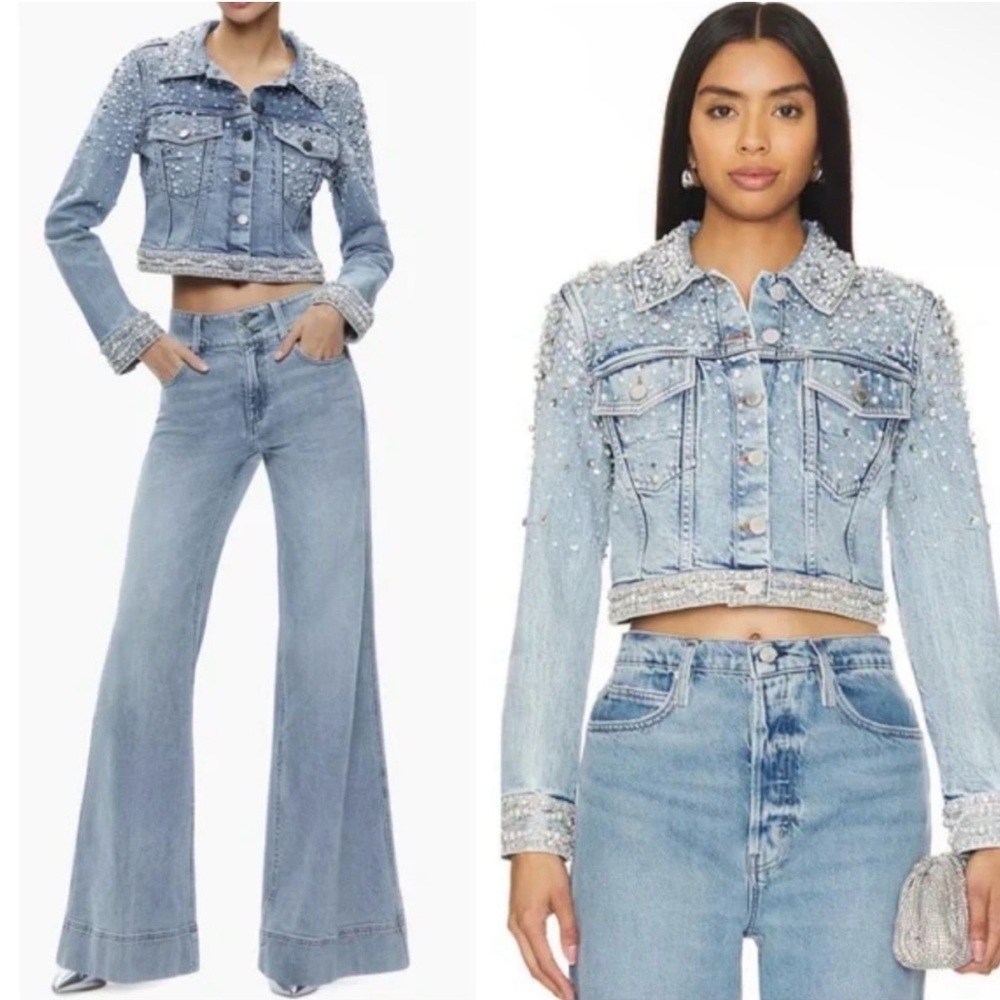 Alice + Olivia Light Blue Embellished Denim Jacket